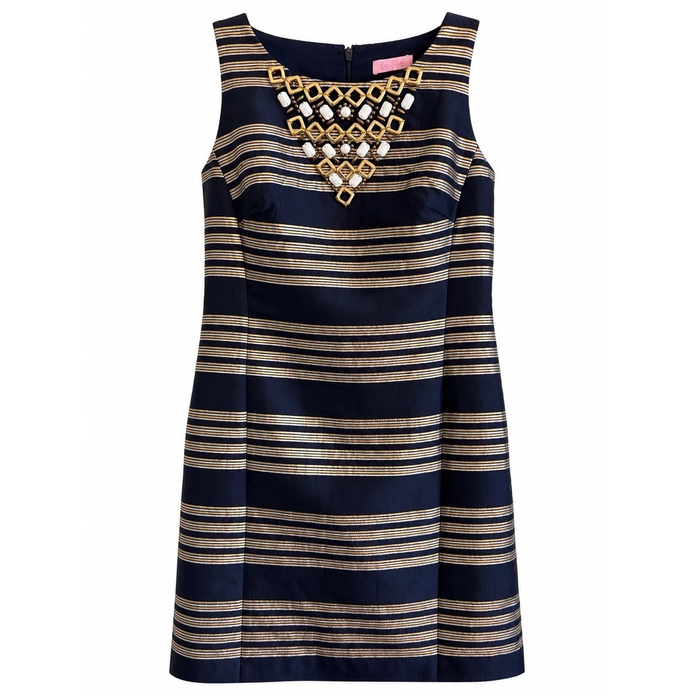 Lilly Pulitzer Virginia Dress Size 8 Navy Gold Metallic Stripe Jeweled Sheath